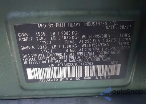 2011 Subaru Outback 2.5I Premium z USA, uszkodzony, nr VIN 4S4BRCCC9B3443203